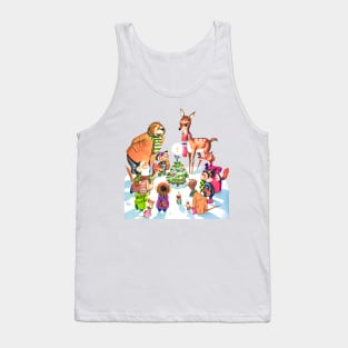 Happy animals celebrate Christmas night around the pine tree and its bright star Retro Vintage Comic Cartoons Tank Top